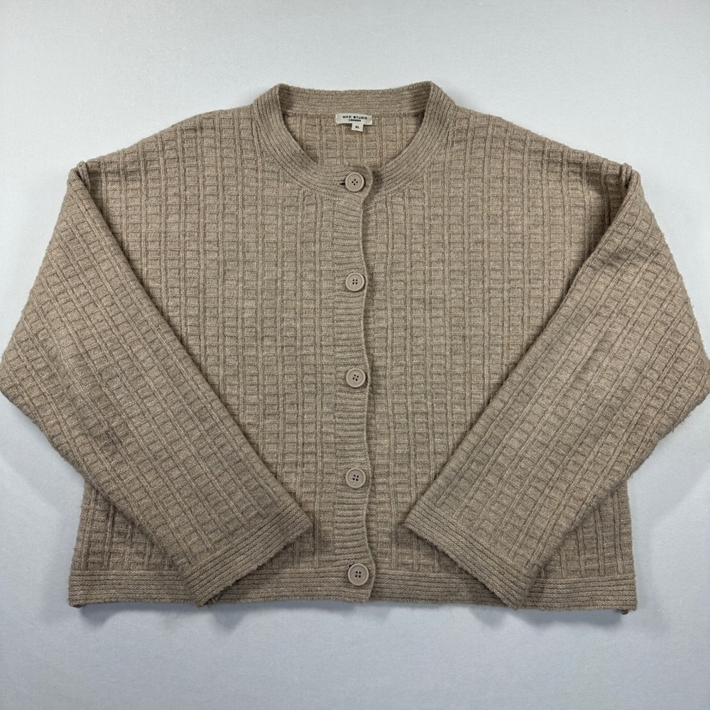 Max Studio London Textured Wool Blend Waffle Knit Cardigan Sweater XL Beige Boho - Picture 2 of 11